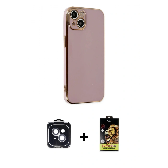 MARSİLYAN™- iPhone 14 Kılıf Yankı Serisi - Siyah Buffer Cam Ekran Koruyucu + PVD Metal Kamera Lens - SH
