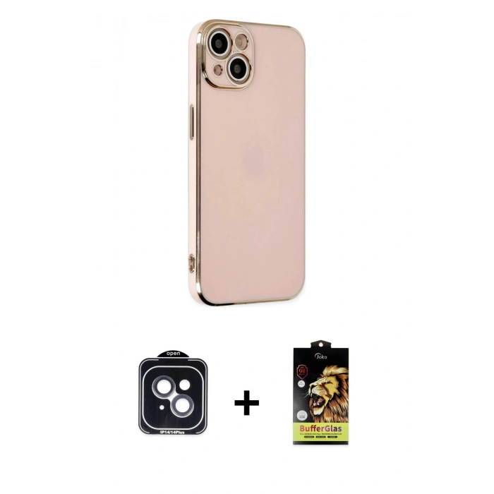 MARSİLYAN™- iPhone 14 Kılıf Yankı Serisi - Siyah Buffer Cam Ekran Koruyucu + PVD Metal Kamera Lens - SH