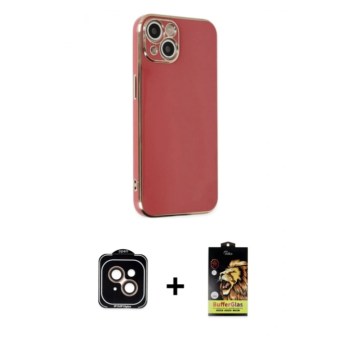 MARSİLYAN™- iPhone 14 Kılıf Yankı Serisi - Siyah Buffer Cam Ekran Koruyucu + PVD Metal Kamera Lens - TU