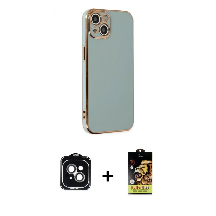 MARSİLYAN™- iPhone 14 Kılıf Yankı Serisi - Siyah Buffer Cam Ekran Koruyucu + PVD Metal Kamera Lens - YL