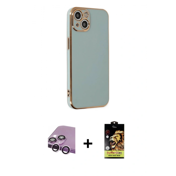 MARSİLYAN™- iPhone 14 Kılıf Yankı Serisi - Siyah Buffer Cam Ekran Koruyucu + Raze Metal Kamera Lens - MR