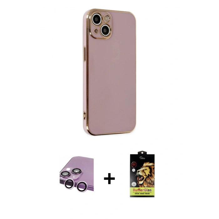 MARSİLYAN™- iPhone 14 Kılıf Yankı Serisi - Siyah Buffer Cam Ekran Koruyucu + Raze Metal Kamera Lens - MR