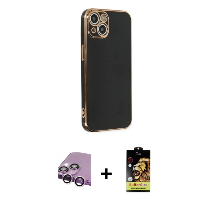 MARSİLYAN™- iPhone 14 Kılıf Yankı Serisi - Siyah Buffer Cam Ekran Koruyucu + Raze Metal Kamera Lens - MR