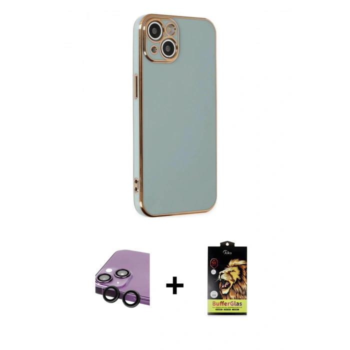 MARSİLYAN™- iPhone 14 Kılıf Yankı Serisi - Siyah Buffer Cam Ekran Koruyucu + Raze Metal Kamera Lens - SH