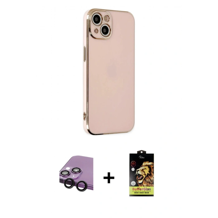 MARSİLYAN™- iPhone 14 Kılıf Yankı Serisi - Siyah Buffer Cam Ekran Koruyucu + Raze Metal Kamera Lens - SH