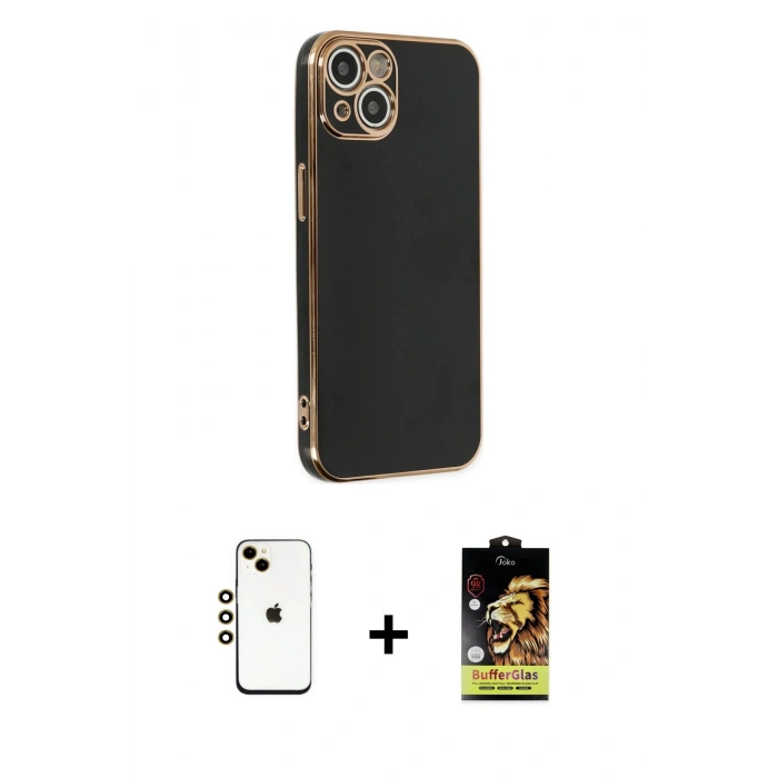 MARSİLYAN™- iPhone 14 Kılıf Yankı Serisi - Siyah Buffer Cam Ekran Koruyucu + Shine Kamera Lens - GD