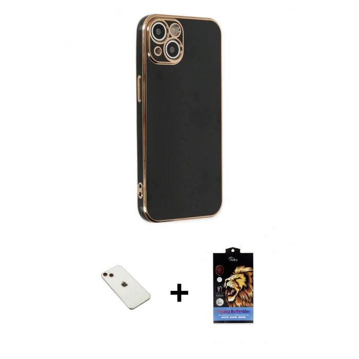 MARSİLYAN™- iPhone 14 Kılıf Yankı Serisi - Siyah Buffer Hayalet Cam Ekran Koruyucu + Diamond Kamera Lens - KI