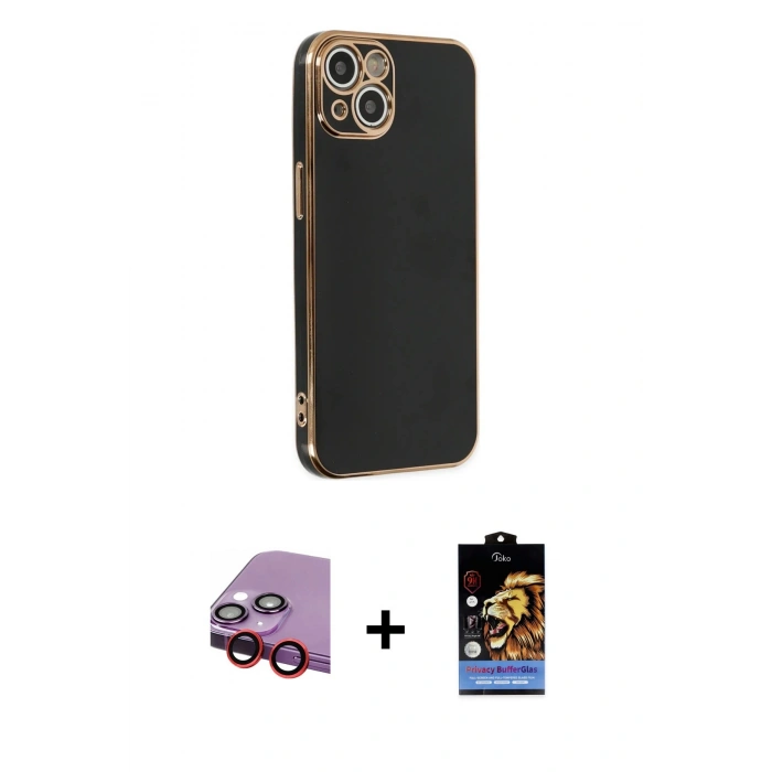 MARSİLYAN™- iPhone 14 Kılıf Yankı Serisi - Siyah Buffer Hayalet Cam Ekran Koruyucu + Raze Metal Kamera Lens - KI