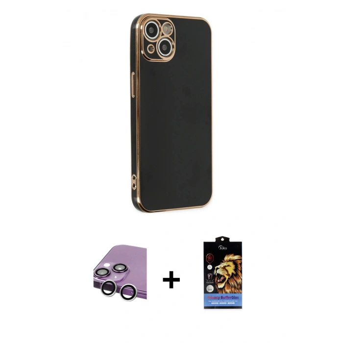 MARSİLYAN™- iPhone 14 Kılıf Yankı Serisi - Siyah Buffer Hayalet Cam Ekran Koruyucu + Raze Metal Kamera Lens - GS