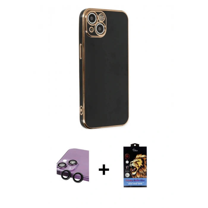 MARSİLYAN™- iPhone 14 Kılıf Yankı Serisi - Siyah Buffer Hayalet Cam Ekran Koruyucu + Raze Metal Kamera Lens - SH