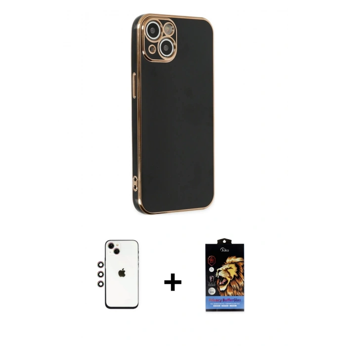 MARSİLYAN™- iPhone 14 Kılıf Yankı Serisi - Siyah Buffer Hayalet Cam Ekran Koruyucu + Shine Kamera Lens - GI