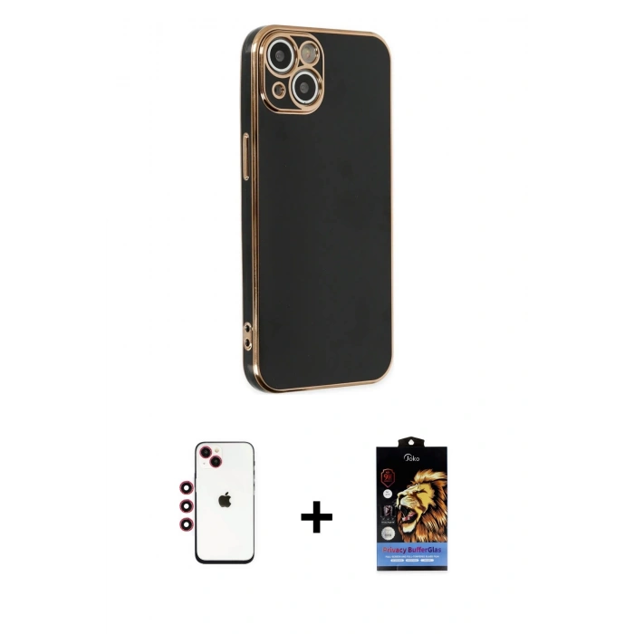 MARSİLYAN™- iPhone 14 Kılıf Yankı Serisi - Siyah Buffer Hayalet Cam Ekran Koruyucu + Shine Kamera Lens - KI