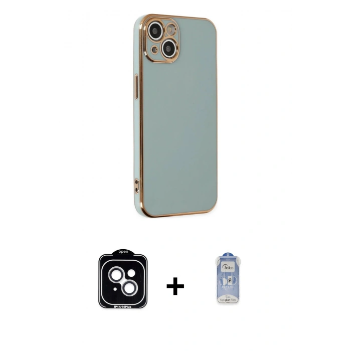 MARSİLYAN™- iPhone 14 Kılıf Yankı Serisi - Siyah Joko Magic 5D Cam + Gümüş PVD Metal Kamera Lens