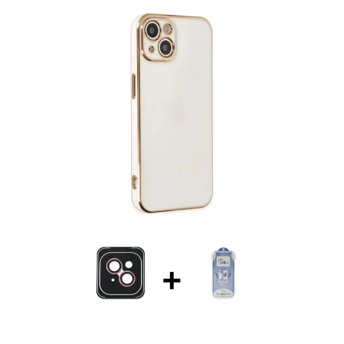 MARSİLYAN™- iPhone 14 Kılıf Yankı Serisi - Siyah Joko Magic 5D Cam + Pembe PVD Metal Kamera Lens