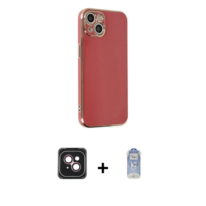 MARSİLYAN™- iPhone 14 Kılıf Yankı Serisi - Siyah Joko Magic 5D Cam + Pembe PVD Metal Kamera Lens