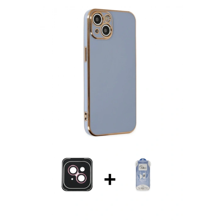 MARSİLYAN™- iPhone 14 Kılıf Yankı Serisi - Siyah Joko Magic 5D Cam + Pembe PVD Metal Kamera Lens