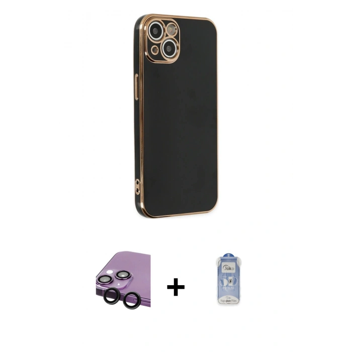 MARSİLYAN™- iPhone 14 Kılıf Yankı Serisi - Siyah Joko Magic 5D Cam + Raze Metal Kamera Lens - SH