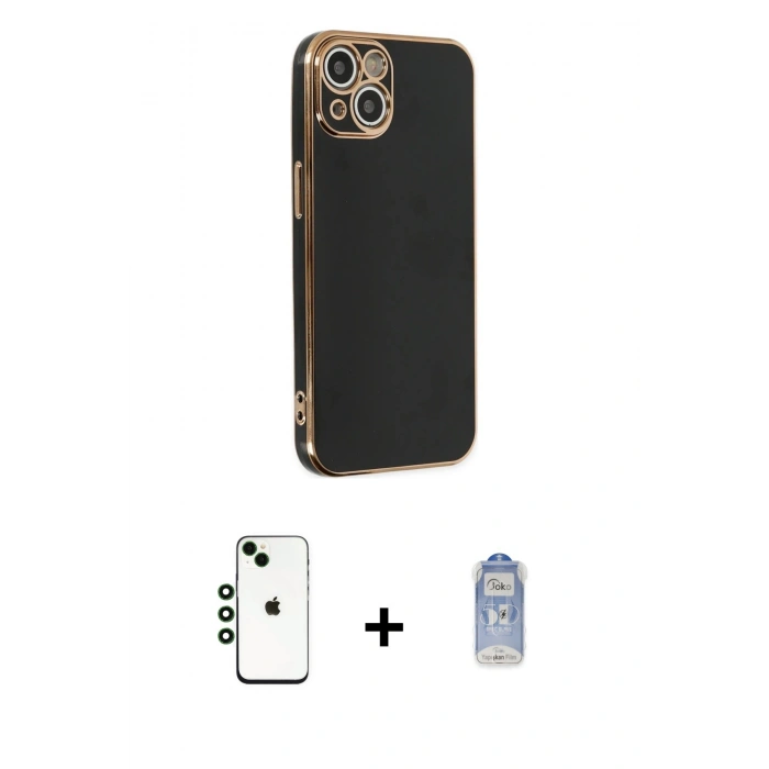 MARSİLYAN™- iPhone 14 Kılıf Yankı Serisi - Siyah Joko Magic 5D Cam + Yeşil Shine Kamera Lens