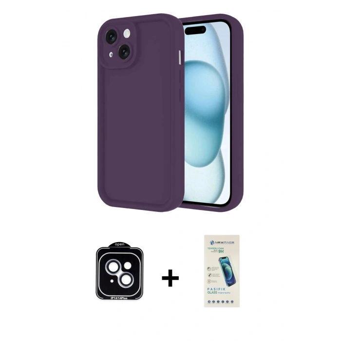 MARSİLYAN™- iPhone 14 Kılıf Yankı Yansıma Özel Seri - Şeffaf Pasifik Cam Ekran Koruyucu + PVD Metal Kamera Lens - MI