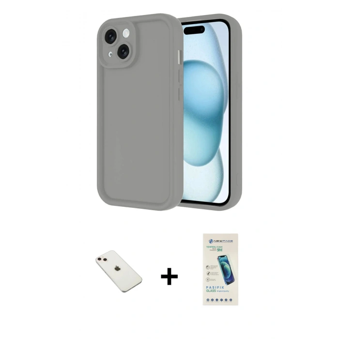 MARSİLYAN™- iPhone 14 Kılıf Yankı Yansıma Özel Seri - Şeffaf Pasifik Cam Ekran Koruyucu + Pembe Diamond Kamera Lens