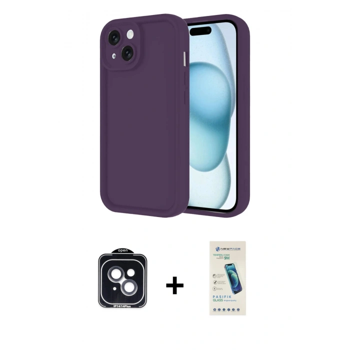 MARSİLYAN™- iPhone 14 Kılıf Yankı Yansıma Özel Seri - Şeffaf Pasifik Cam Ekran Koruyucu + PVD Metal Kamera Lens - SH
