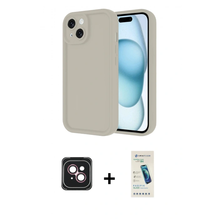 MARSİLYAN™- iPhone 14 Kılıf Yankı Yansıma Özel Seri - Şeffaf Pasifik Cam Ekran Koruyucu + PVD Metal Kamera Lens - PE