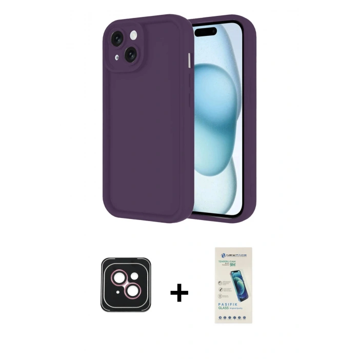 MARSİLYAN™- iPhone 14 Kılıf Yankı Yansıma Özel Seri - Şeffaf Pasifik Cam Ekran Koruyucu + PVD Metal Kamera Lens - PE