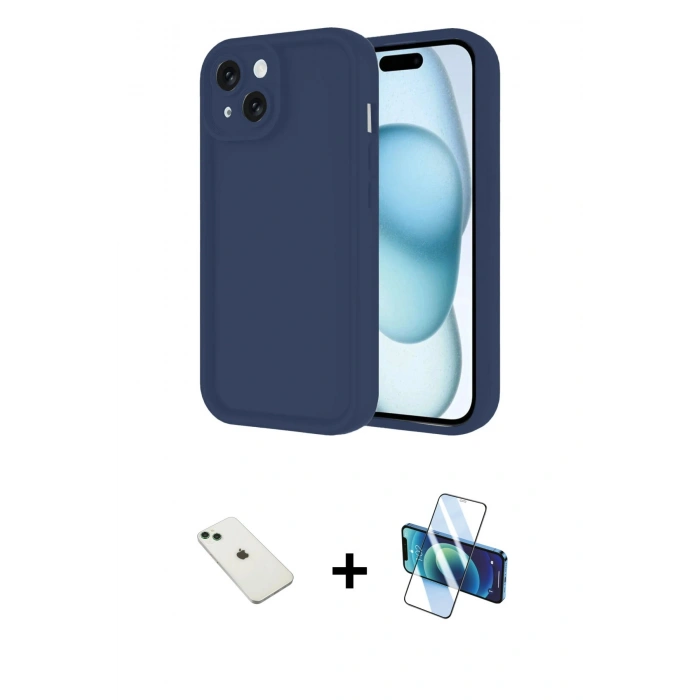 MARSİLYAN™- iPhone 14 Kılıf Yankı Yansıma Özel Seri - Siyah 3D Antistatik Cam Ekran Koruyucu + Diamond Kamera Lens - YL
