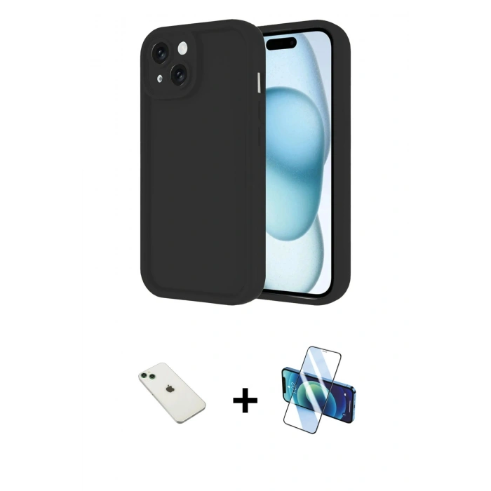 MARSİLYAN™- iPhone 14 Kılıf Yankı Yansıma Özel Seri - Siyah 3D Antistatik Cam Ekran Koruyucu + Diamond Kamera Lens - YL
