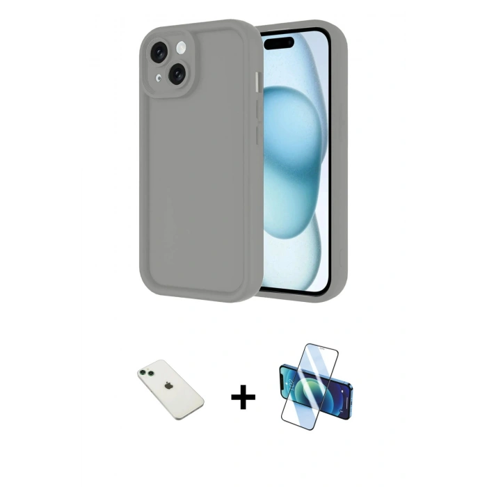 MARSİLYAN™- iPhone 14 Kılıf Yankı Yansıma Özel Seri - Siyah 3D Antistatik Cam Ekran Koruyucu + Diamond Kamera Lens - YL