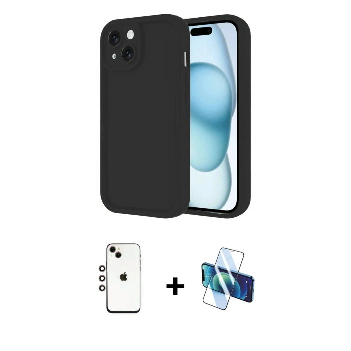 MARSİLYAN™- iPhone 14 Kılıf Yankı Yansıma Özel Seri - Siyah 3D Antistatik Cam Ekran Koruyucu + Shine Kamera Lens - GI