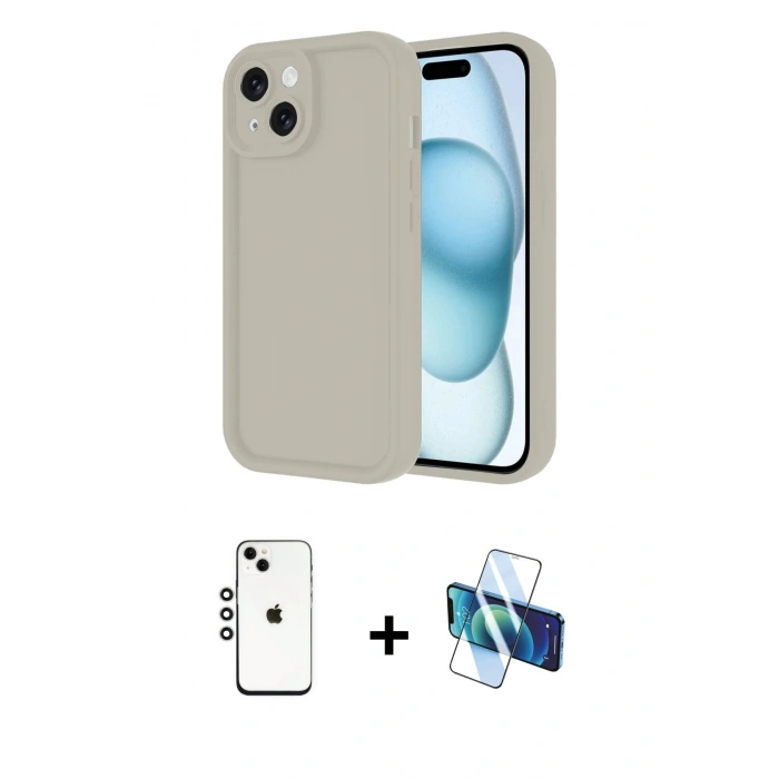 MARSİLYAN™- iPhone 14 Kılıf Yankı Yansıma Özel Seri - Siyah 3D Antistatik Cam Ekran Koruyucu + Shine Kamera Lens - GS