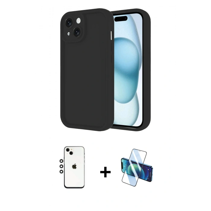 MARSİLYAN™- iPhone 14 Kılıf Yankı Yansıma Özel Seri - Siyah 3D Antistatik Cam Ekran Koruyucu + Shine Kamera Lens - GS