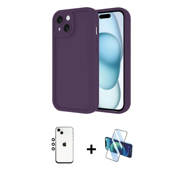 MARSİLYAN™- iPhone 14 Kılıf Yankı Yansıma Özel Seri - Siyah 3D Antistatik Cam Ekran Koruyucu + Shine Kamera Lens - GS