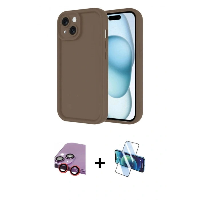MARSİLYAN™- iPhone 14 Kılıf Yankı Yansıma Özel Seri - Siyah 3D Antistatik Cam Ekran Koruyucu + Raze Metal Kamera Lens - KI