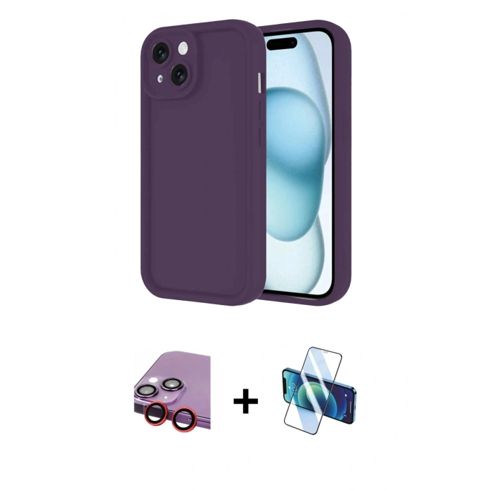 MARSİLYAN™- iPhone 14 Kılıf Yankı Yansıma Özel Seri - Siyah 3D Antistatik Cam Ekran Koruyucu + Raze Metal Kamera Lens - KI