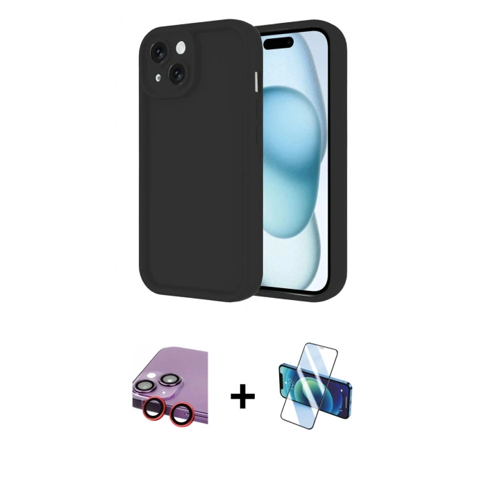 MARSİLYAN™- iPhone 14 Kılıf Yankı Yansıma Özel Seri - Siyah 3D Antistatik Cam Ekran Koruyucu + Raze Metal Kamera Lens - KI