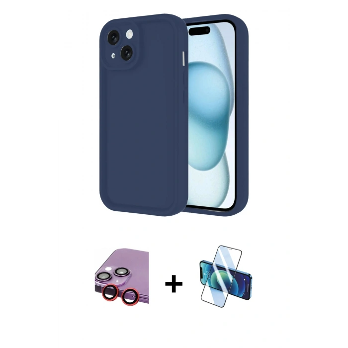 MARSİLYAN™- iPhone 14 Kılıf Yankı Yansıma Özel Seri - Siyah 3D Antistatik Cam Ekran Koruyucu + Raze Metal Kamera Lens - KI