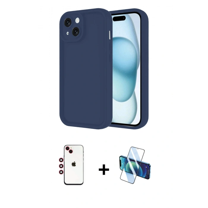 MARSİLYAN™- iPhone 14 Kılıf Yankı Yansıma Özel Seri - Siyah 3D Antistatik Cam Ekran Koruyucu + Shine Kamera Lens - KI
