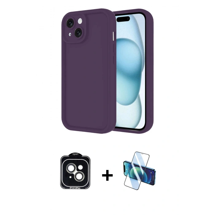 MARSİLYAN™- iPhone 14 Kılıf Yankı Yansıma Özel Seri - Siyah 3D Antistatik Cam Ekran Koruyucu + PVD Metal Kamera Lens - YL