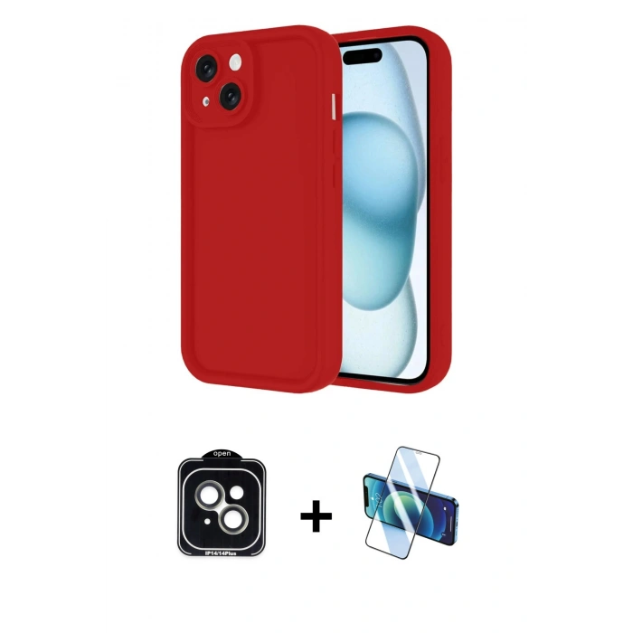 MARSİLYAN™- iPhone 14 Kılıf Yankı Yansıma Özel Seri - Siyah 3D Antistatik Cam Ekran Koruyucu + PVD Metal Kamera Lens - YL