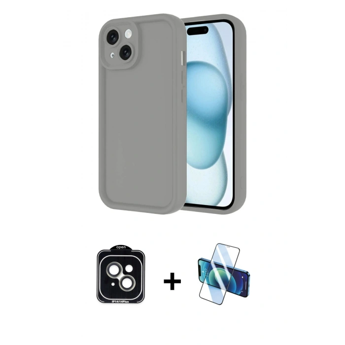 MARSİLYAN™- iPhone 14 Kılıf Yankı Yansıma Özel Seri - Siyah 3D Antistatik Cam Ekran Koruyucu + PVD Metal Kamera Lens - YL