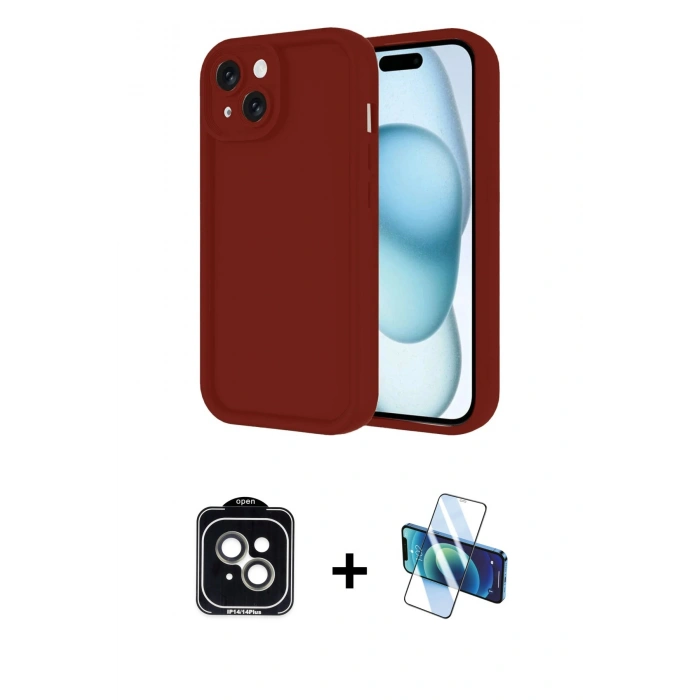 MARSİLYAN™- iPhone 14 Kılıf Yankı Yansıma Özel Seri - Siyah 3D Antistatik Cam Ekran Koruyucu + PVD Metal Kamera Lens - YL