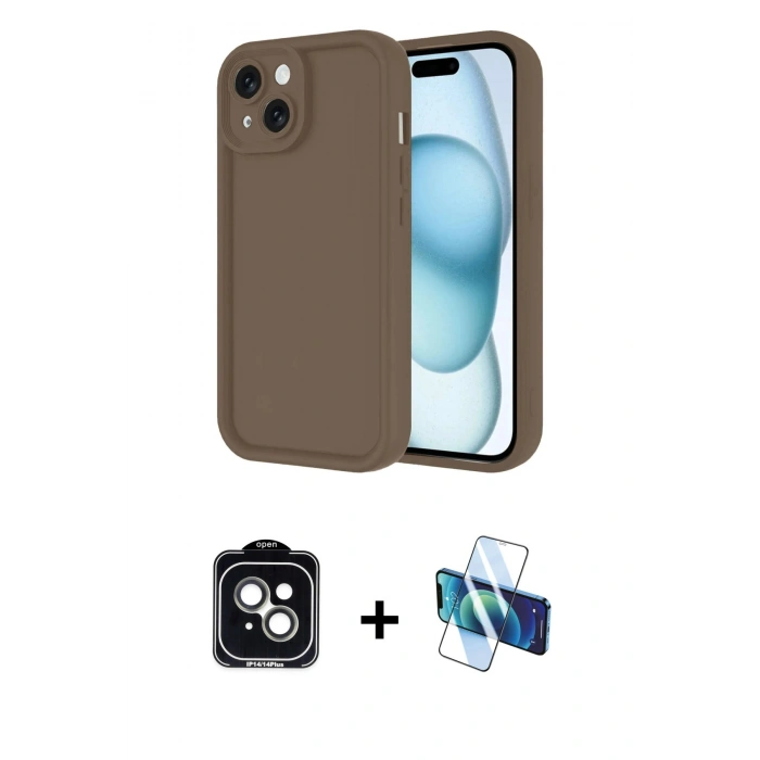 MARSİLYAN™- iPhone 14 Kılıf Yankı Yansıma Özel Seri - Siyah 3D Antistatik Cam Ekran Koruyucu + PVD Metal Kamera Lens - YL