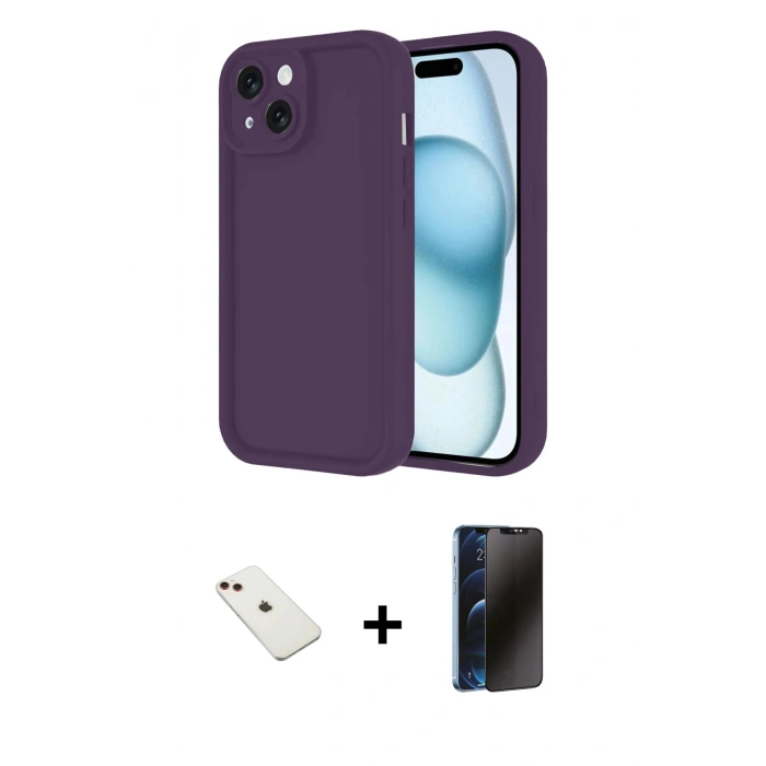 MARSİLYAN™- iPhone 14 Kılıf Yankı Yansıma Özel Seri - Siyah 3D Antistatik Hayalet Cam Ekran Koruyucu + Diamond Kamera Lens - KI