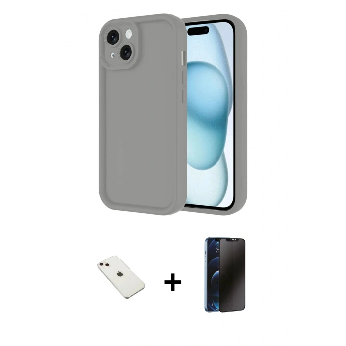 MARSİLYAN™- iPhone 14 Kılıf Yankı Yansıma Özel Seri - Siyah 3D Antistatik Hayalet Cam Ekran Koruyucu + Diamond Kamera Lens - PE