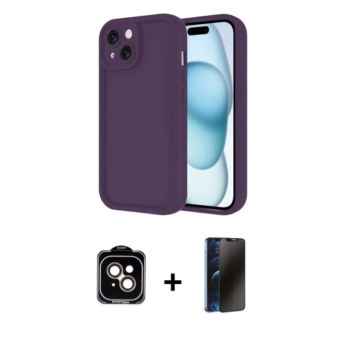 MARSİLYAN™- iPhone 14 Kılıf Yankı Yansıma Özel Seri - Siyah 3D Antistatik Hayalet Cam Ekran Koruyucu + PVD Metal Kamera Lens - TU
