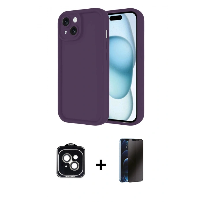 MARSİLYAN™- iPhone 14 Kılıf Yankı Yansıma Özel Seri - Siyah 3D Antistatik Hayalet Cam Ekran Koruyucu + PVD Metal Kamera Lens - YL