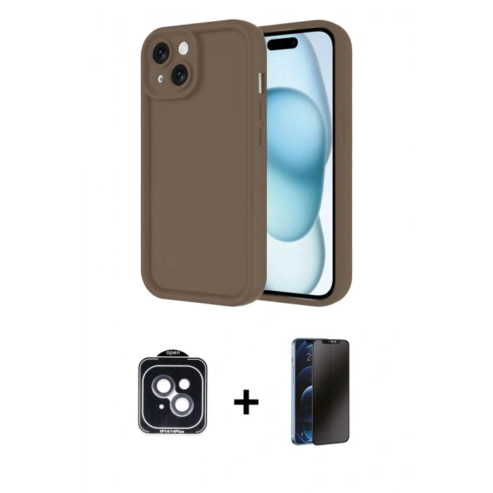 MARSİLYAN™- iPhone 14 Kılıf Yankı Yansıma Özel Seri - Siyah 3D Antistatik Hayalet Cam Ekran Koruyucu + PVD Metal Kamera Lens - SH