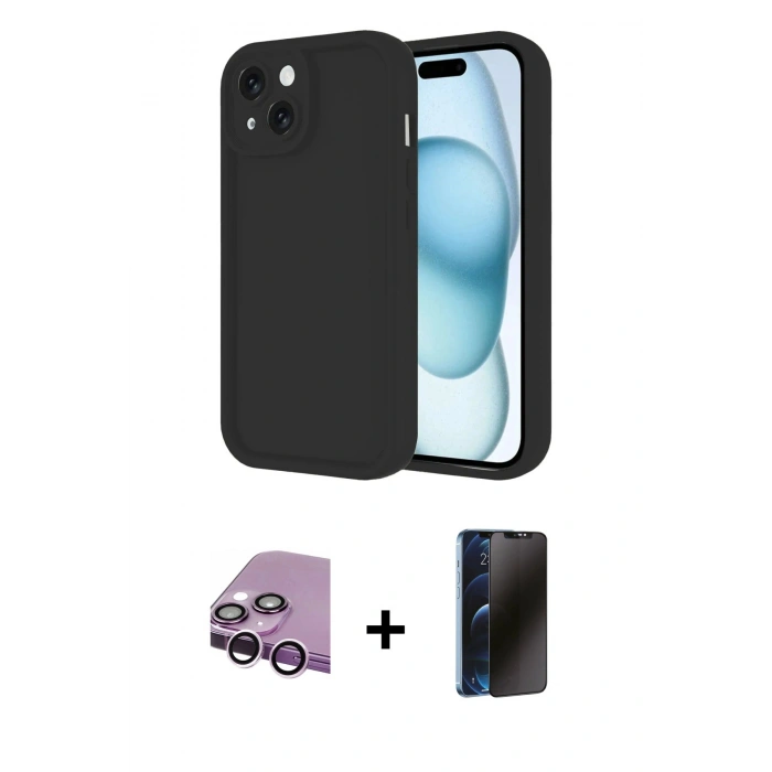 MARSİLYAN™- iPhone 14 Kılıf Yankı Yansıma Özel Seri - Siyah 3D Antistatik Hayalet Cam Ekran Koruyucu + Raze Metal Kamera Lens - MR